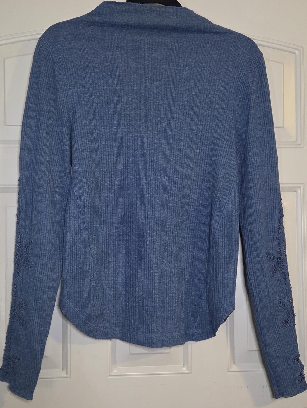 Free People - Heathered Blue Ribbed Long Sleeve Top with Sleeve Embroidery